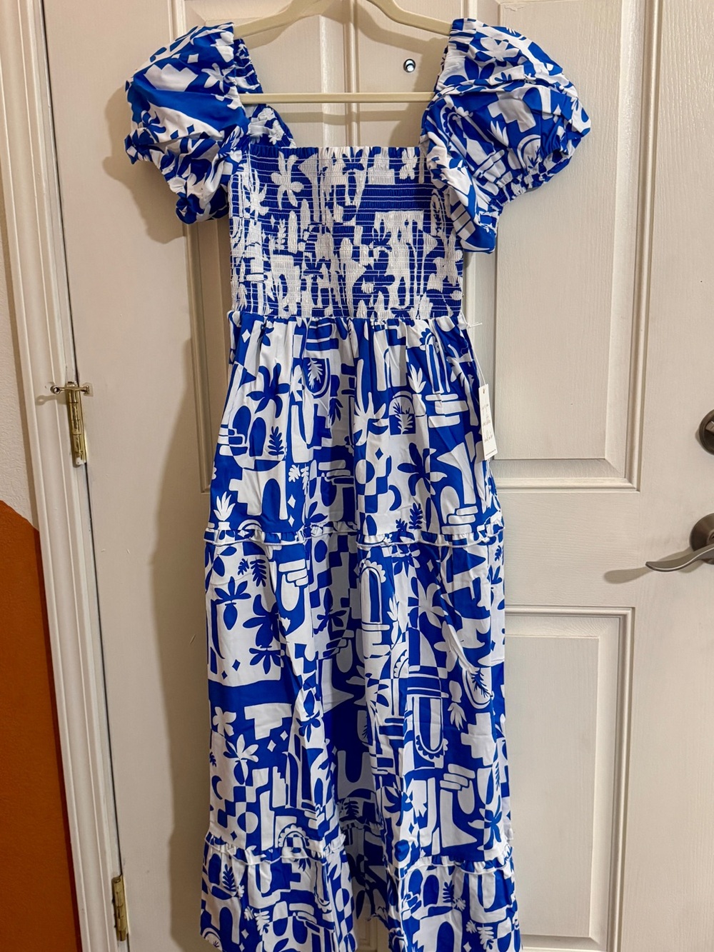 Show Me Your MuMu Blue & White Printed Smocked Midi Dress - Picture 4 of 7